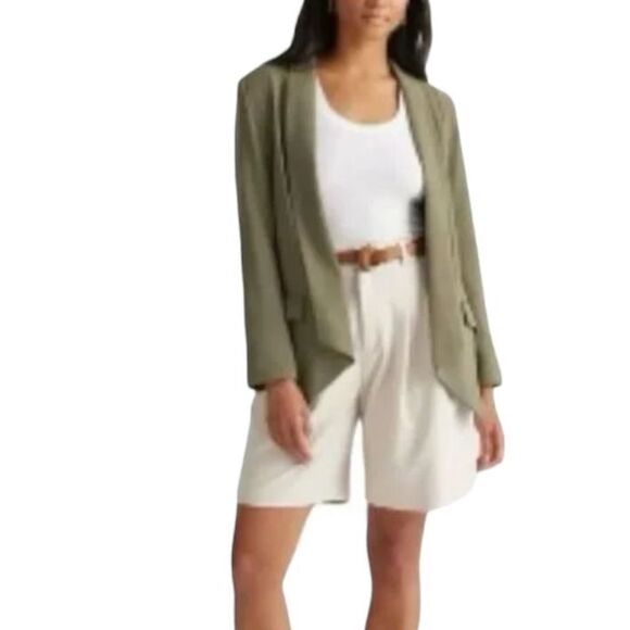 Quince Jackets & Blazers - Quince Open Front Blazer Womens L Stretch Crepe Olive Office Career Shark Hem